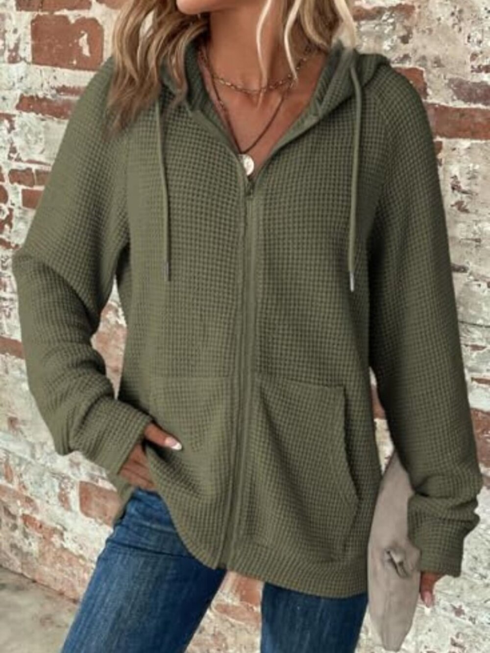 Cozy Full Zip Hooded Waffle Knit Sweatshirt Top for Women - Long Sleeve Casual - Picture 3 of 5